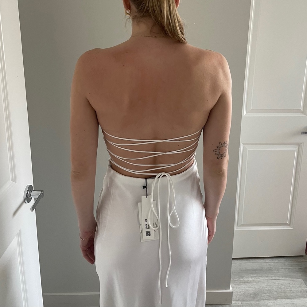 Midi White Satin Strapless Dress